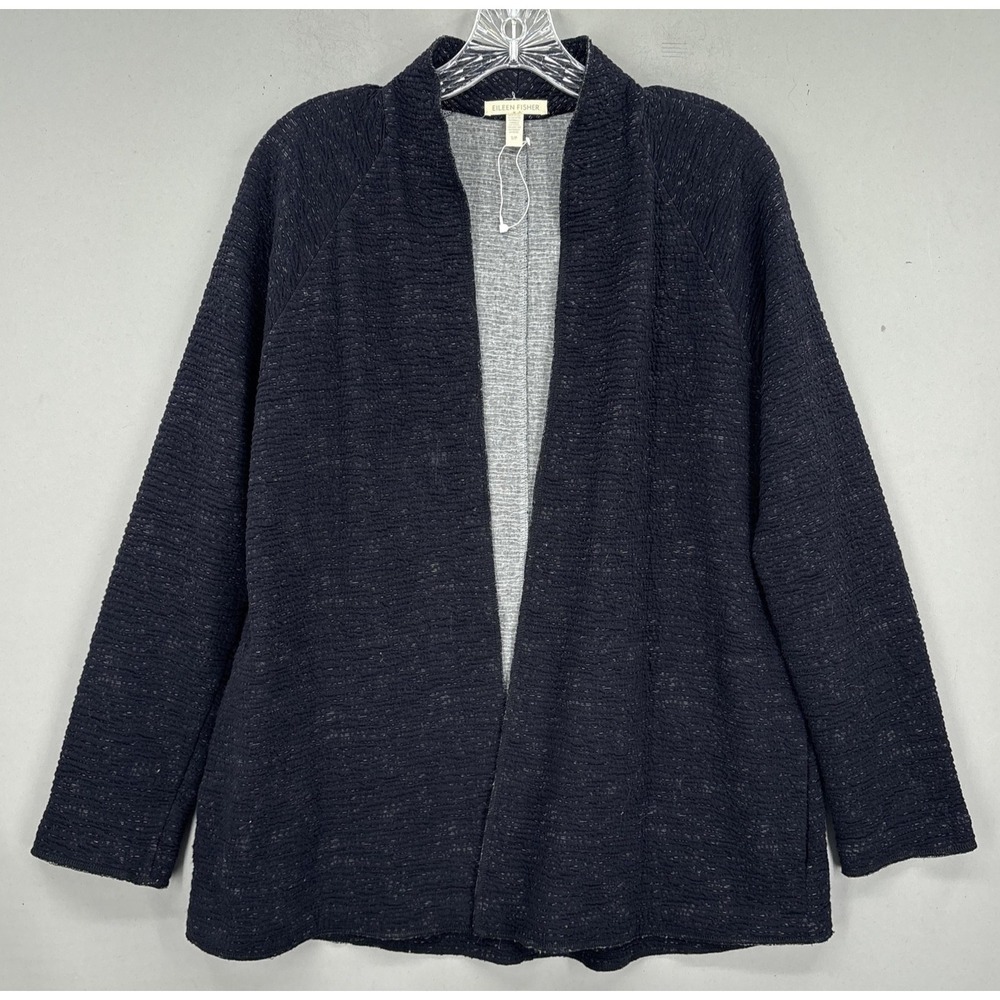 Eileen Fisher Cardigan Small Black Open Front Sweater Organic Cotton Tencel Knit